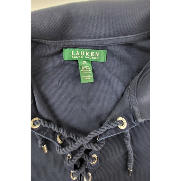 Vtg Lauren Ralph Lauren Womens Ribbed Navy Blue Polo Shirt Lace Up Front Size XL - Picture 3 of 6